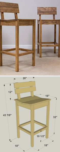 an image of two wooden chairs with measurements for each seat and the same chair as shown below