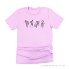 These are just a few examples of the birth flower tee you can customize with with two flowers. Keep in mind, every flower has a unique shape and the placement will be slightly different from shirt to shirt. Shirts with multiple birth flower designs on them do not have the option to add the month text. The order of the flower placement is left to right as you would read a shirt on someone else (not as if you are wearing the shirt). All Little Mama shirts are unisex sizing. They run slightly large Birth Flower Short Sleeve T-shirt For Summer, Summer Birth Flower Short Sleeve T-shirt, Spring Birth Flower Short Sleeve T-shirt, Spring Birth Flower Crew Neck T-shirt, Two Flowers, Mama Shirts, Birth Flower, Birth Flowers, Mama Shirt