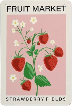 a sticker with strawberries on it and daisies in the background that says fruit market strawberry fields