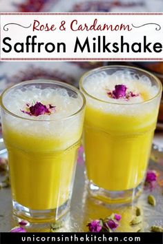 golden drink saffron milkshake in two glasses with flowers on the side