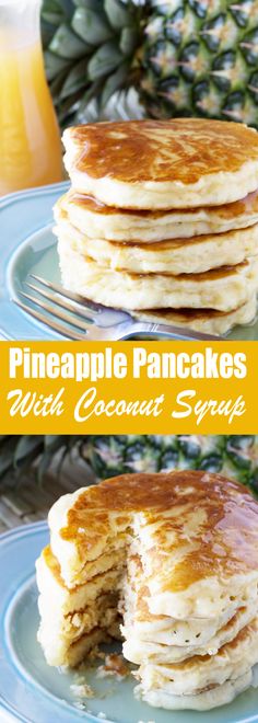 pancakes with coconut syrup are stacked on top of each other