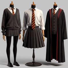 three mannequins dressed in school uniforms and ties, one wearing a skirt