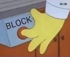 a cartoon hand with yellow gloves on it is reaching for a block sign in front of a door