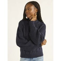 Classic style reigns supreme with Free Assemblys Mock Neck Sweater. This timeless, ultra-soft cable knit sweater defies trends and feels right with everything from your favorite jeans for a casual outfit of the day to midi skirts for a night out. Its an easy add-on to your sweater collection and is sure to be the one you wear on repeat all season long. Only at Walmart. Size: M.  Color: Blue.  Gender: female.  Age Group: adult. Relaxed Fit Cable Knit Crew Neck Sweater, Cozy Cable Knit Sweater In Relaxed Fit, Trendy Relaxed Fit Cable Knit Sweater, Trendy Cable Knit Crew Neck Outerwear, Trendy Navy Sweater For Winter, Stretch Cable Knit Outerwear, Navy Cable Knit Crew Neck Top, Casual Cable Knit Top With Cozy Fit, Casual Snug Sweater With Textured Knit