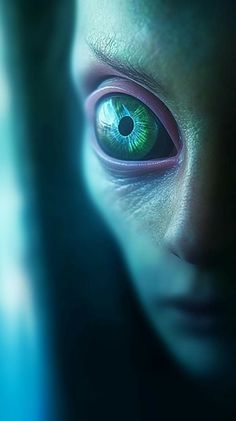 a close up of a person's face with green eyes