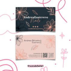 two business cards with flowers on them and the text underneath it is in pink ink