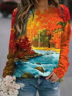 Multi Casual Graphic Tops Round Neck Long Sleeve Landscape Printed Sweatshirts Top Paintings, Crewneck Sweatshirt Women, Graphic Tops, Stretch Top, Comfortable Tops, Landscape Prints, Long Hoodie, Casual Top, Plus Size Casual