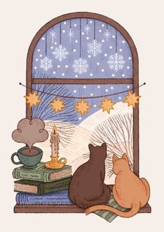 two cats sitting on top of books and looking out the window at snowflakes