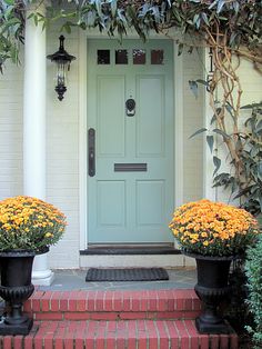 two planters with yellow flowers are on the front steps