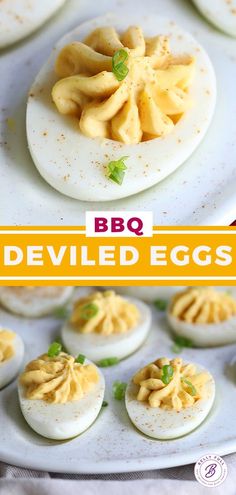 deviled eggs on a plate with the words bbq deviled eggs