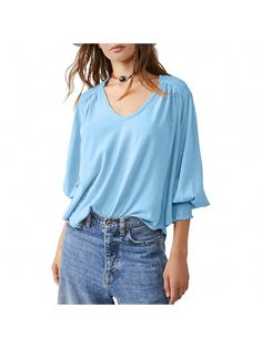 BZB Womens Puff Long Sleeve Tops Oversized V Neck Shirts Dressy Casual Loose Fit Blouses Tees Blue Casual  Three Quarter Length Sleeve  Plain    Women Clothing, size features are:Bust: ,Length: ,Sleeve Length: Casual Billowy V-neck Tops, Solid Billowy Tops For Summer, Billowy Solid Color Summer Tops, Oversized Casual Blouse With Lantern Sleeves, Trendy Billowy Tops With Lantern Sleeves, Oversized Summer Tops With Lantern Sleeves, Casual Oversized Blouse With Puff Sleeves, Solid Color Summer Tops With Balloon Sleeves, Oversized Lantern Sleeve Tops For Summer