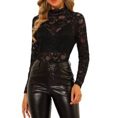 This casual and elegant blouse, designed with a turtleneck and floral design, adds a touch of elegance to your wardrobe. The long sleeve with mesh lace design is a great highlight, full of a sense of detail and design. Turtleneck and see-through design instantly elevate this lace blouse and make it a sophisticated choice for day or night. A camisole, or tube top should be worn, which is not included in this floral lace blouse. Perfectly pair it with a camisole underneath for a casual and exquisi Lace Blouse Black, Floral Lace Blouse, Black Lace Blouse, Floral Lace Tops, Turtleneck Long Sleeve, Elegant Blouses, Long Sleeve Turtleneck, Blouse Black, Sheer Blouse