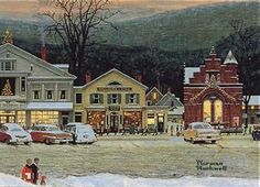 a painting of a town with cars parked on the street and people walking around it