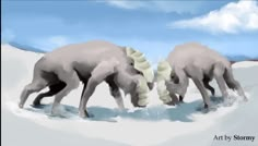 three horses standing in the snow with their backs to each other and one has its head down