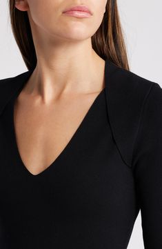 Build up your basics wardrobe with this V-neck top boasting raised seams at the shoulders for stylish flair. 23" length V-neck Elbow-length sleeves 63% viscose, 36% polyamide, 1% elastane Hand wash, dry flat Imported Stretch V-neck Top For Work, Elegant Black V-neck Sweater For Work, Chic Stretch V-neck Top For Work, Classic V-neck Spring Knit Top, Formal V-neck Tops, Chic V-neck Knit Top, Elegant Viscose V-neck Top, Fitted Black V-neck Sweater For Spring, Elegant Stretch V-neck Top For Fall