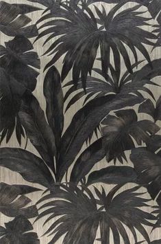 a black and white wallpaper with palm leaves on the back drop in shades of grey