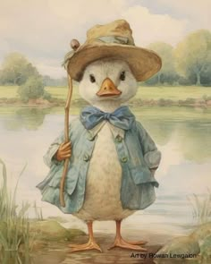 a painting of a duck wearing a hat and holding a stick