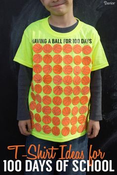 a young boy wearing a t - shirt with basketballs on it and the words, having a ball for 100 days