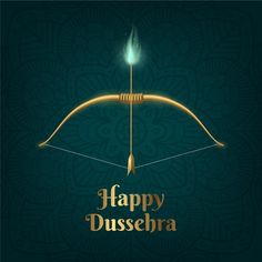 happy dussebra with bow and arrow on dark green background for diwaling