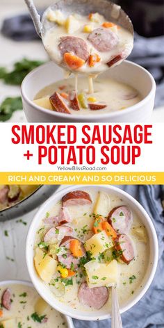 two bowls filled with smoked sausage and potato soup