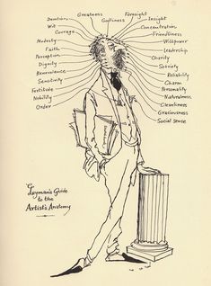 a black and white drawing of a man standing next to a pillar with words on it