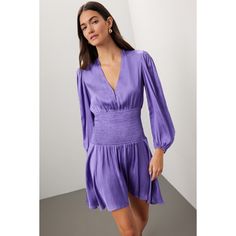 Purple satin (100% Polyester). A-line. Long sleeves. Plunge neck. Pull on. 34.5" from shoulder to hemline. Imported. Purple Satin, Rent The Runway, Closet Designs, Cocktail Party, How To Look Pretty, Smocking, Casual Style, Night Out, A Line