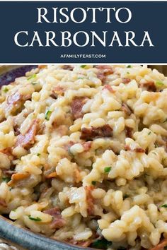 risotto carbonara in a bowl with the title above it