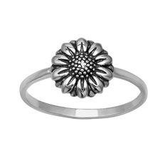 Featuring a sterling silver sunflower with an oxidized finish, this PRIMROSE ring is a chic complement to your attire. Featuring a sterling silver sunflower with an oxidized finish, this PRIMROSE ring is a chic complement to your attire. Width: 10 mm Metal: sterling silver Plating: silver tone Finish: oxidized, polished Please note, due to the high value of this item, a signature may be required upon delivery. Size: 8. Gender: female. Age Group: adult. Sunflower Design Rings As Gifts, Antique Silver Nickel-free Rings, Silver Sunflower Design Ring, Adjustable Silver Ring With Sunflower Design, Silver Jewelry With Sunflower Design, Everyday Sterling Silver Flower Ring, Silver Flower Ring, Sunflower Jewelry, James Avery Jewelry