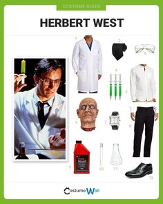 a costume guide for a man in white shirt and black pants with glasses, lab coat,