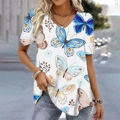 SPECIFICATIONS Material: POLYESTER Decoration: none Elasticity: Slight Strech Tops Type: TEES Season: Summer Gender: WOMEN Pattern Type: bufferfly Item Type: tops Collar: V-Neck Fabric Type: Broadcloth Age: MIDDLE AGE Fit Type: regular Women Trends Clothing, Hawaiian Woman, 3d Butterfly, Beautiful Shorts, Plus Size Top, Women Trends, Casual Blouse, Butterfly Print, Middle Age