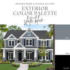 the exterior color palette for this house is gray and white with black shutters on each side