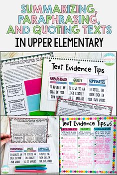 the text evidence for summaring, paraphrasing and questioning texts in upper elementary