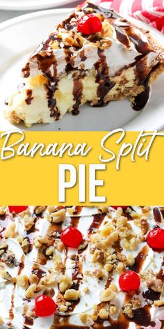 banana split pie with chocolate and cherries on top