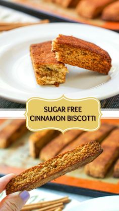 sugar free cinnamon biscotti is cut in half and served on a white plate