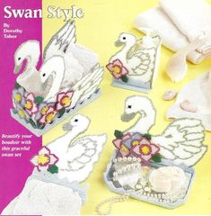 an advertisement for swan style with swans in baskets and flowers on the front, along with other items