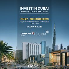 an advertisement for the cityscape event in dubai, with skyscrapers and palm trees