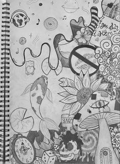 a black and white drawing of a clock, sunflowers, flowers and other things