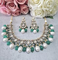 Beautiful Gold Polki Set in 4 Colours Blue, Green, Pink, Maroon Made with Pearl Beads Includes Necklace, Earrings and Tikka Mehndi Engagement, Polki Sets, Wedding Mehndi, Pearl Necklace Earrings, Pakistani Jewelry, Jewellery Set, Wedding Jewelry Sets, Necklace Earring Set, Engagement Gifts