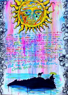 a painting with words written on it and a dog standing in front of the sun