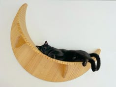 a black cat laying on top of a wooden crescent