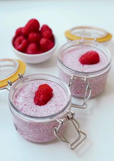 raspberry chia pudding in small glass containers