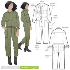 Note: Style Arc patterns best suited to intermediate to experienced sewists. (Their drafting is excellent but the instructions are sparse.) The Melrose Boiler Suit sewing pattern elevates the traditional button front boiler suit. The button opening is hidden behind a placket. The long sleeves feature a button cuff, and the shirt collar has a half moon collar stand. There are breast and leg patch pockets, as well as back patch pockets. The double back yoke and sleeves feature tucks for shaping. This is a new, uncut, printed sewing pattern with instructions on a large scale paper sheet, enclosed in a plastic sleeve. Boiler Suit Pattern, Boilersuit Women, Suit Sewing Patterns, Style Arc, Women Crafts, Suit Pattern, Boiler Suit, Suit Style, Fabric Shop