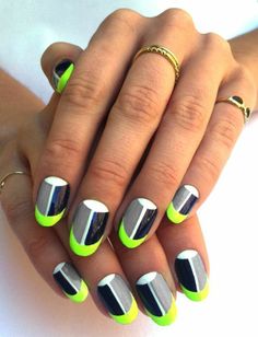 35 Beautiful Floral Manicure Ideas For You Yellow Gray Nails, Futuristic Nail Art, Neon Manicure, Geometric Nails, Neon Nail Art, Crazy Nail Art, Olive And June, Nails Today, Gray Nails