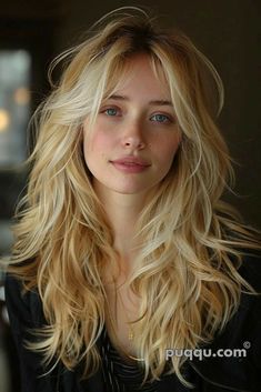 Tousled 70s Shag, Curly Blonde Shag Haircut, 90s Shag Hair Long, Long Shag Side Part, Shag Blonde Hair, Boho Shag Haircut, 60s Shag Haircut, Long Blonde Shag, Long Shag Haircut No Bangs