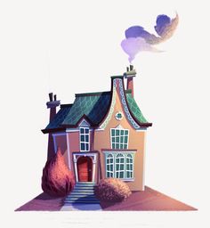 a drawing of a house with a bird flying over it