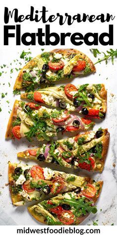 this mediterranean flatbread is loaded with fresh vegetables, olives and feta cheese