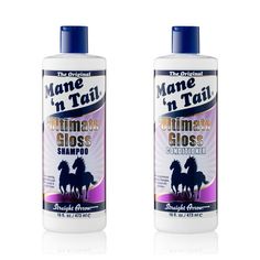 two bottles of mane - n - tail ultimate gloss conditioner on a white background