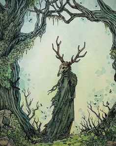 an illustration of a woman with antlers on her head standing in front of trees