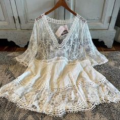 #ad Top Rated XL New White Lace Ethereal Boho Tunic Blouse Top Deep V-Neck Womens X-LARGE / OS, Fashion women's top Lace Blouse Long Sleeve, Magnolia Pearl, Lace Long Sleeve, Boho Tunics, Boho Blouses, V Neck Blouse, Tunic Blouse, Blouse Top, Deep V Neck