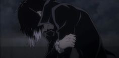 an anime character with long hair and black clothes standing in front of a dark background